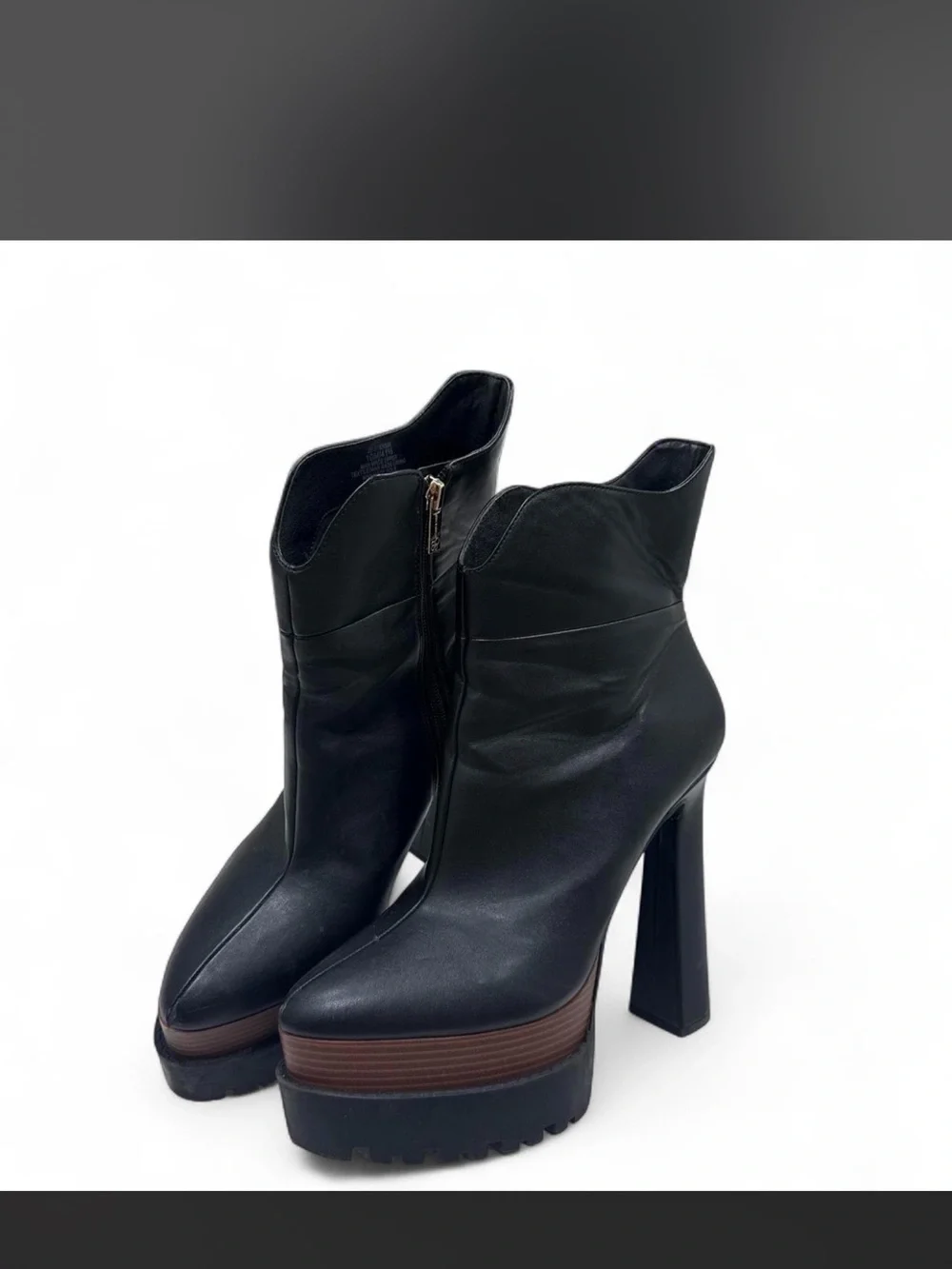 Jessica Simpson Black Leather Platform Ankle Boots with Brown Wood-Look Platform